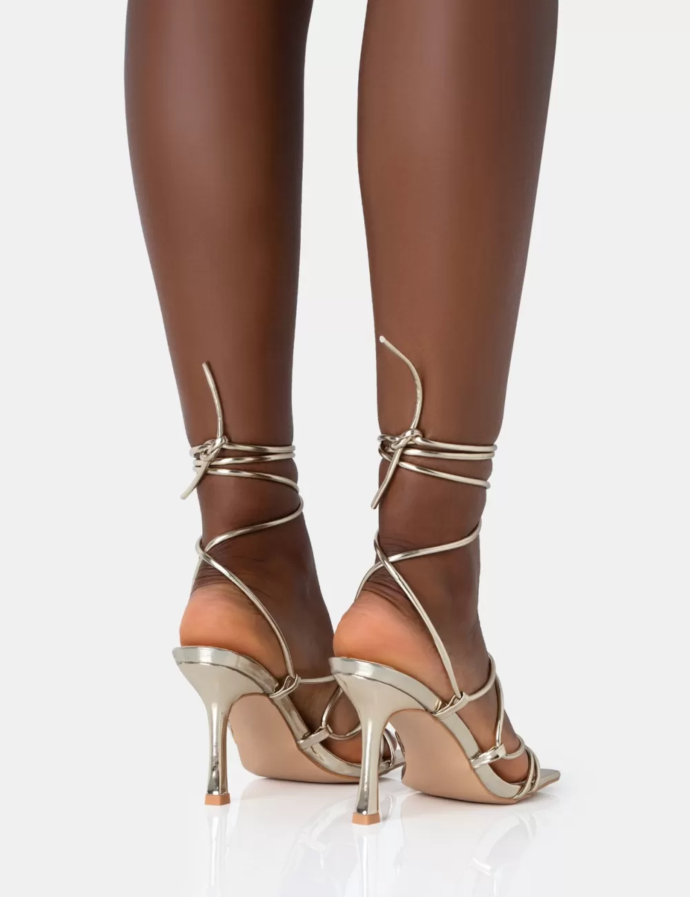 Fashion Public Desire Duet Wide Fit Knot Strappy Lace Up Square Toe Mid Heels Gold