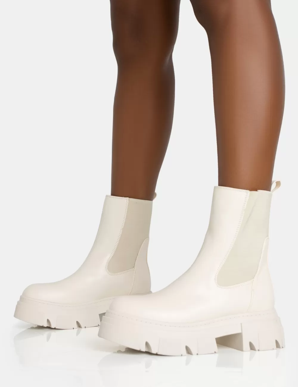 Online Public Desire Edgy Cream Pu Elasticated Ankle Rounded Chunky Sole Ankle Boots Neutral