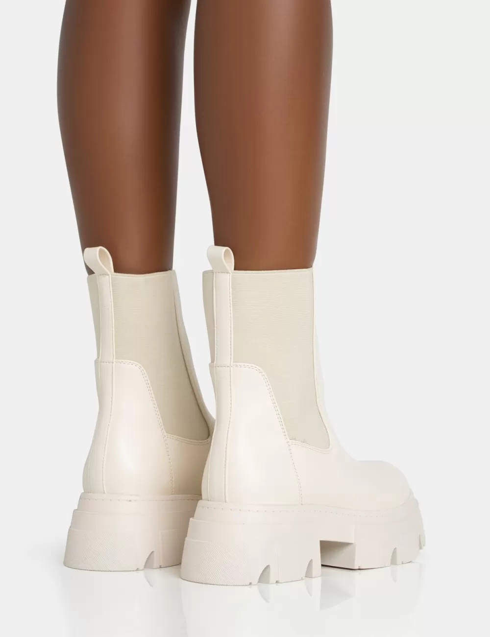 Online Public Desire Edgy Cream Pu Elasticated Ankle Rounded Chunky Sole Ankle Boots Neutral