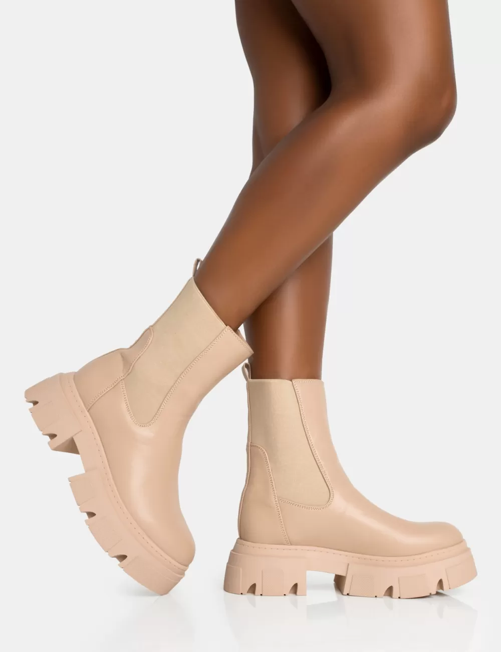 Cheap Public Desire Edgy Taupe Pu Elasticated Ankle Rounded Chunky Sole Ankle Boots Neutral