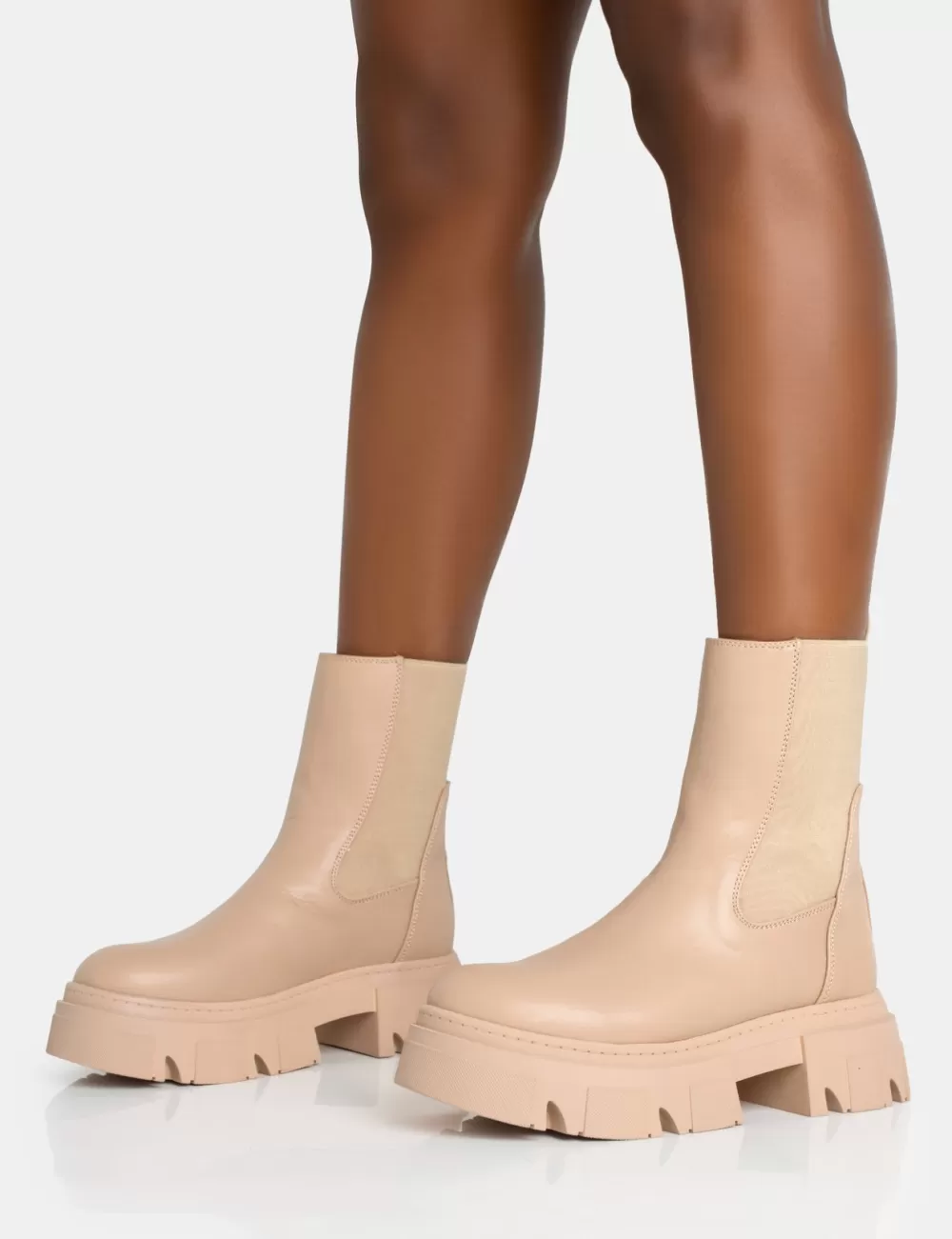 Cheap Public Desire Edgy Taupe Pu Elasticated Ankle Rounded Chunky Sole Ankle Boots Neutral