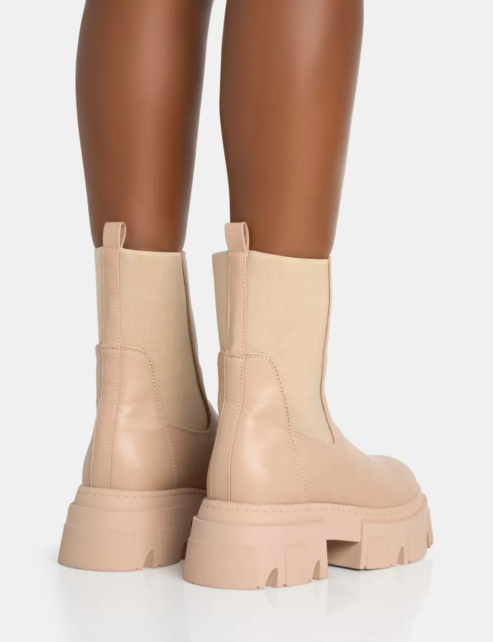 Cheap Public Desire Edgy Taupe Pu Elasticated Ankle Rounded Chunky Sole Ankle Boots Neutral