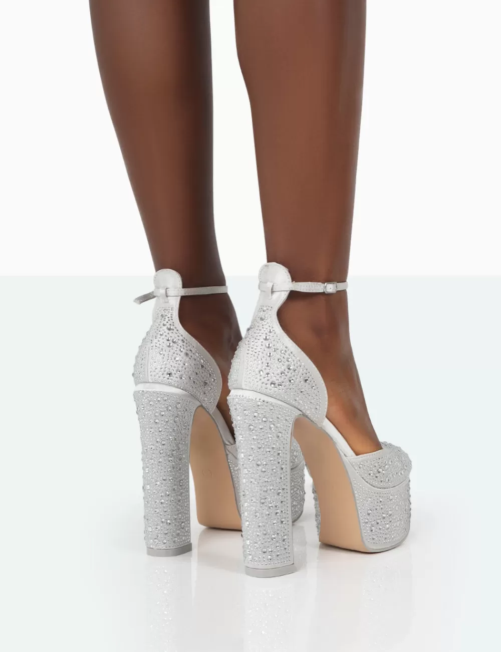 Store Public Desire Effie Silver Sparkly Diamante Block Heel Platform Court High Heels