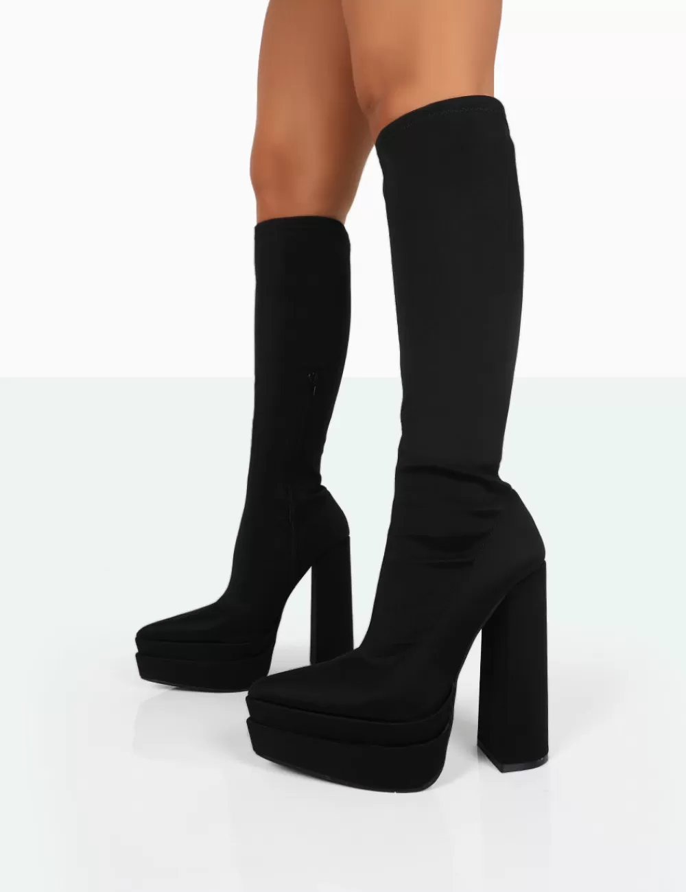 Cheap Public Desire End Game Lycra Platform Pointed Toe Block Heel Knee High Boots Black