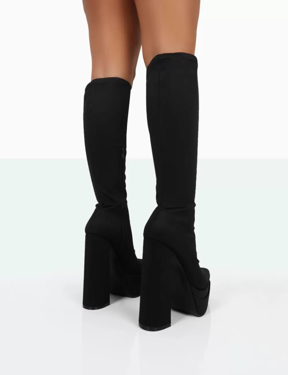 Cheap Public Desire End Game Lycra Platform Pointed Toe Block Heel Knee High Boots Black
