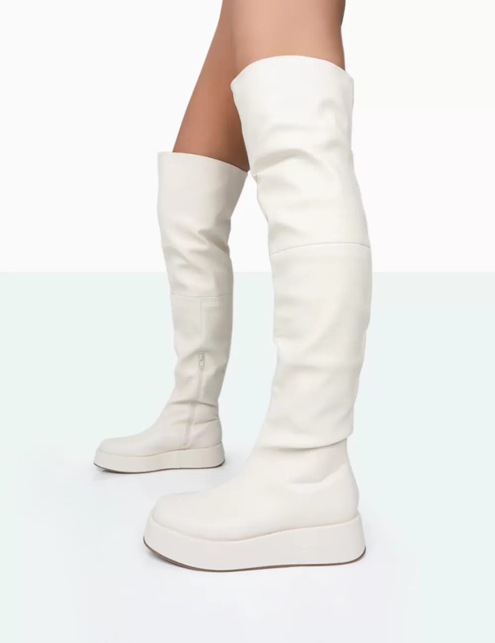 Hot Public Desire Erica Bone Pu Chunky Platform Sole Over The Knee Boots Ecru