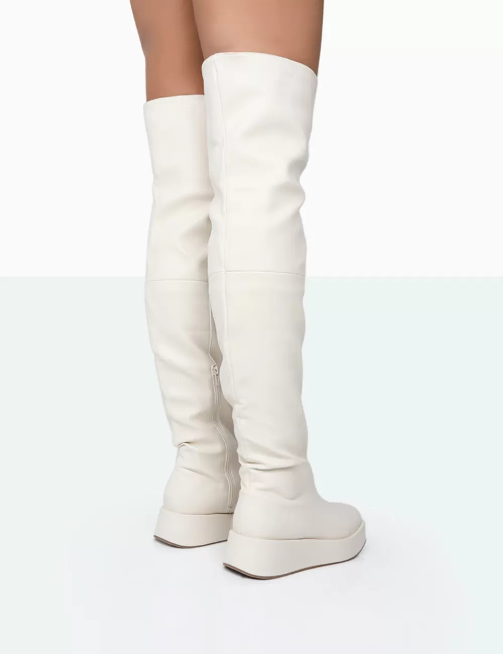 Hot Public Desire Erica Bone Pu Chunky Platform Sole Over The Knee Boots Ecru