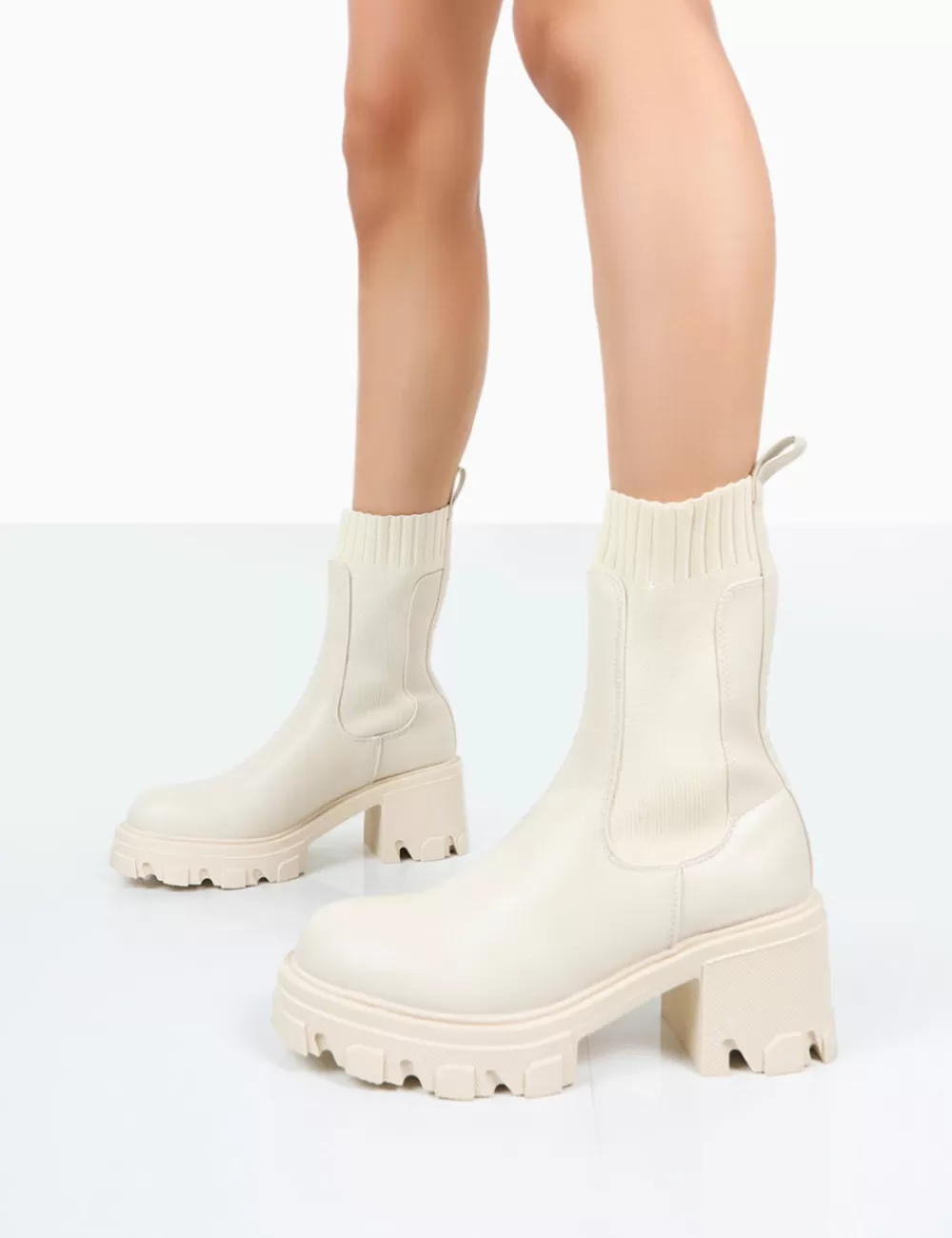 Sale Public Desire Everdeen Ecru PU And Knit Chunky Heeled Platform Sock Ankle Boots Black