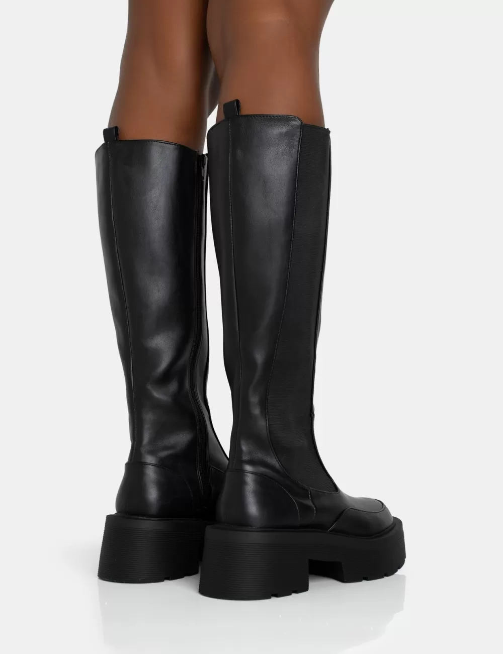 Best Public Desire Evergreen Knee High Elasticated Detail Chunky Heeled Sole Boots Black