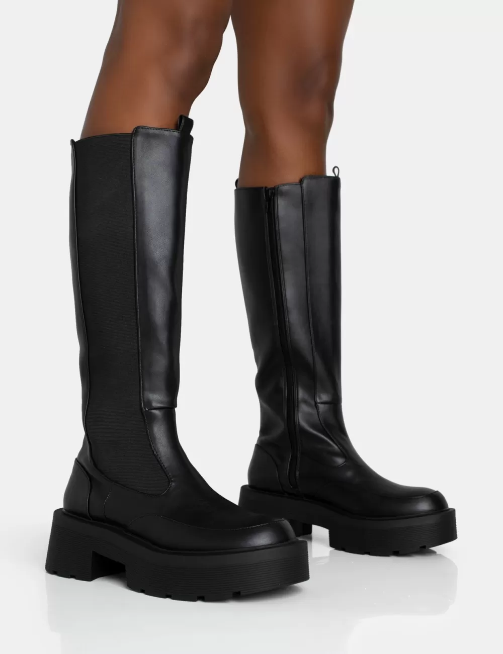 Best Public Desire Evergreen Knee High Elasticated Detail Chunky Heeled Sole Boots Black