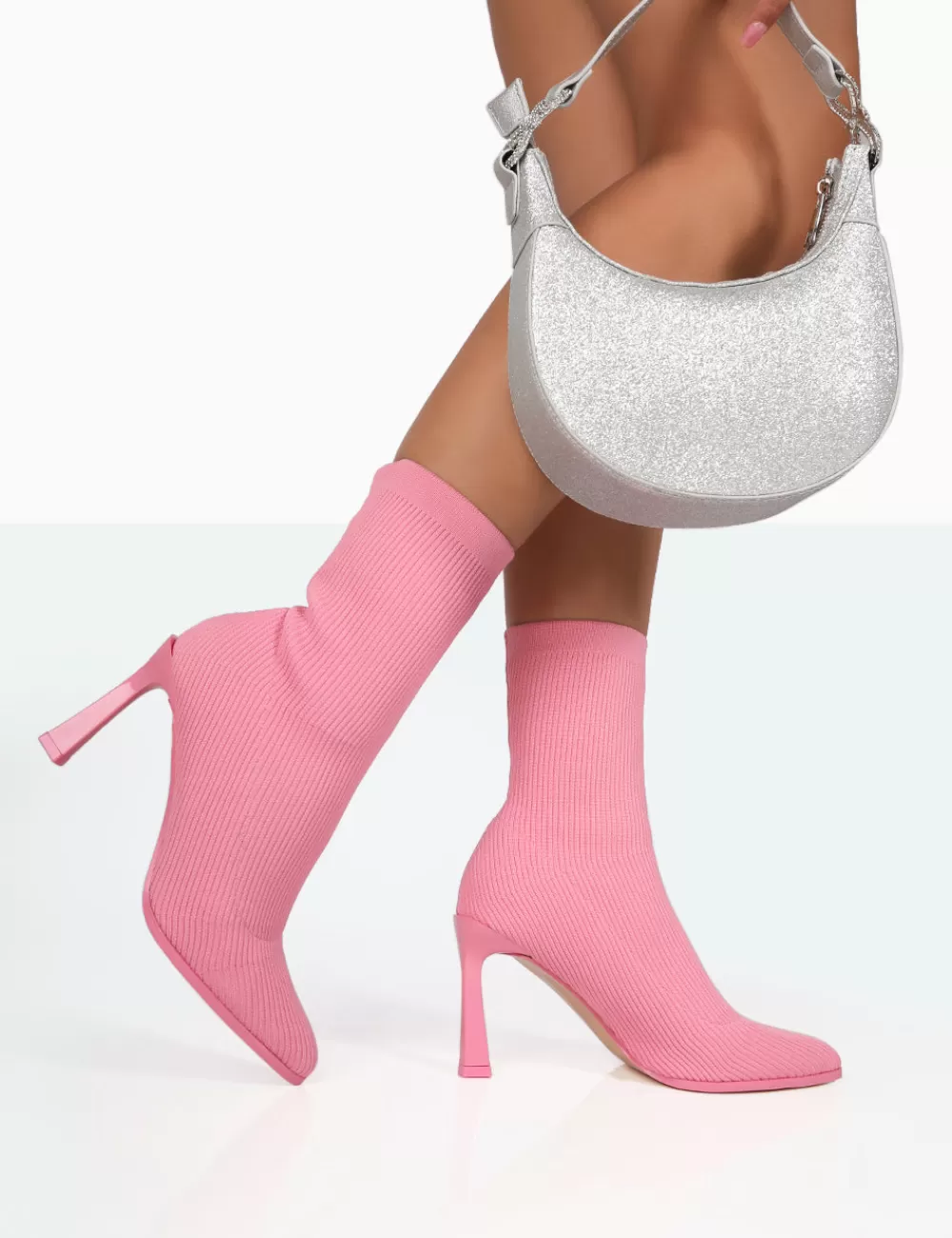Sale Public Desire Farah Knitted Pointed Toe Stiletto Heel Ankle Sock Boots Pink
