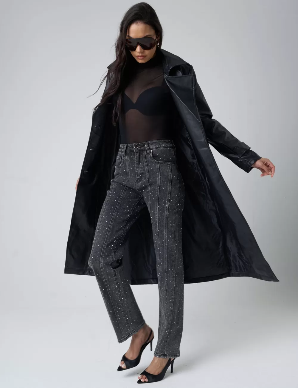 Fashion Public Desire Faux Leather Belted Trench Coat Black