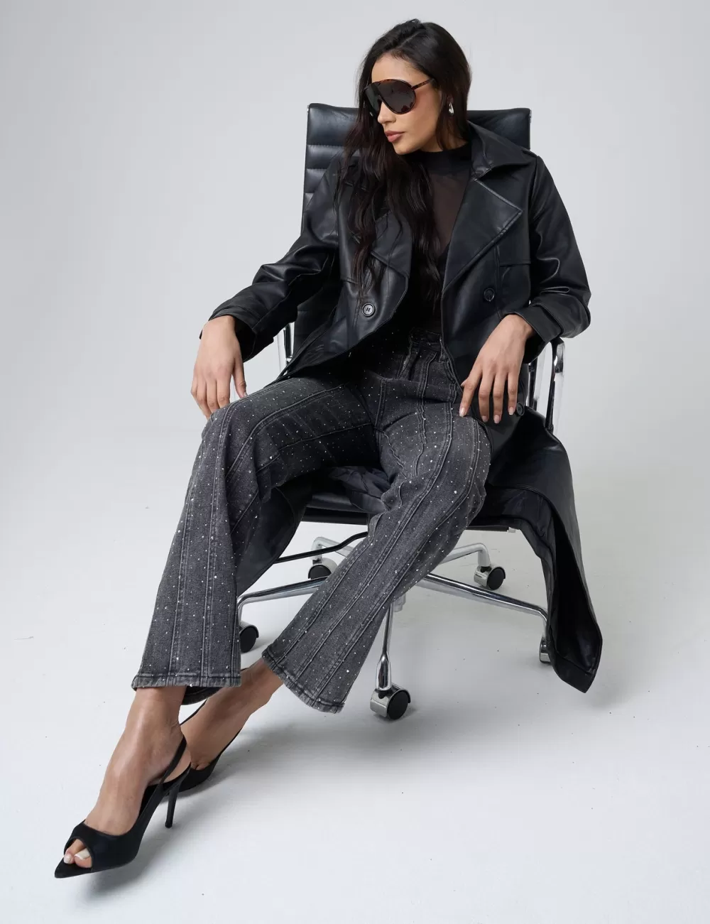 Fashion Public Desire Faux Leather Belted Trench Coat Black