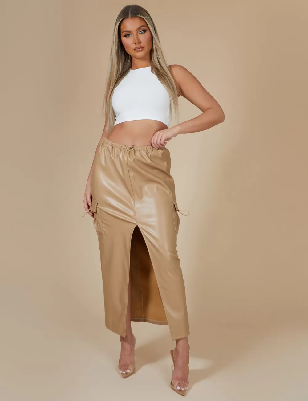 Hot Public Desire Faux Leather Pocket Detail Cargo Maxi Skirt Camel Brown