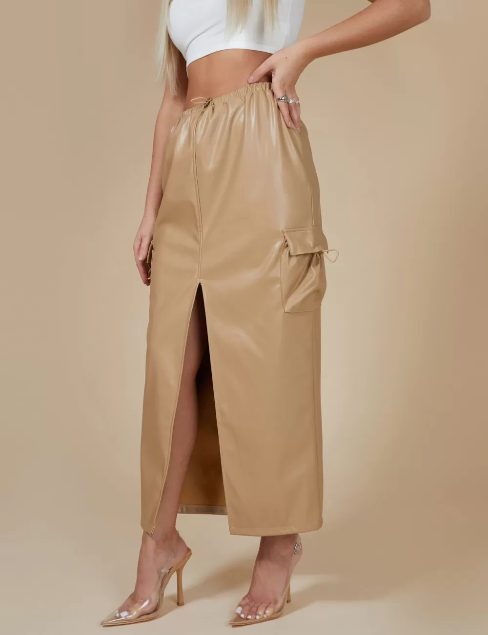 Hot Public Desire Faux Leather Pocket Detail Cargo Maxi Skirt Camel Brown