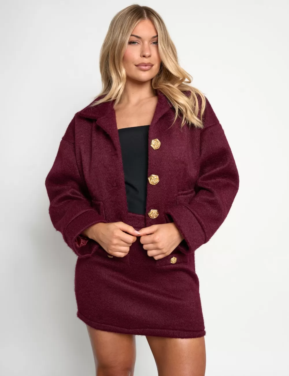 Fashion Public Desire Faux Wool Gold Button Detail Jacket Co Ord Burgundy