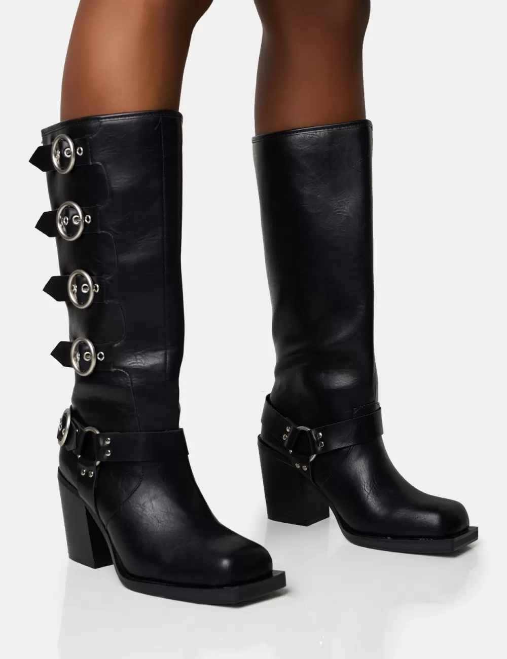 Fashion Public Desire Fetish Pu Buckle Detail Knee High Boots Black