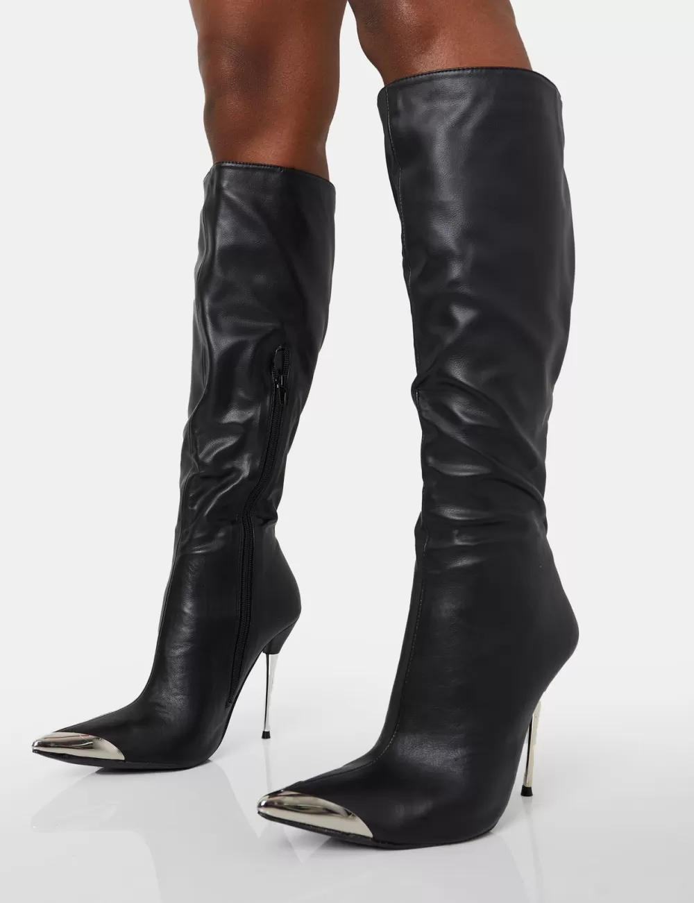 Store Public Desire Finery Pu Metal Toe Capped Zip Up Knee High Stiletto Boots Black
