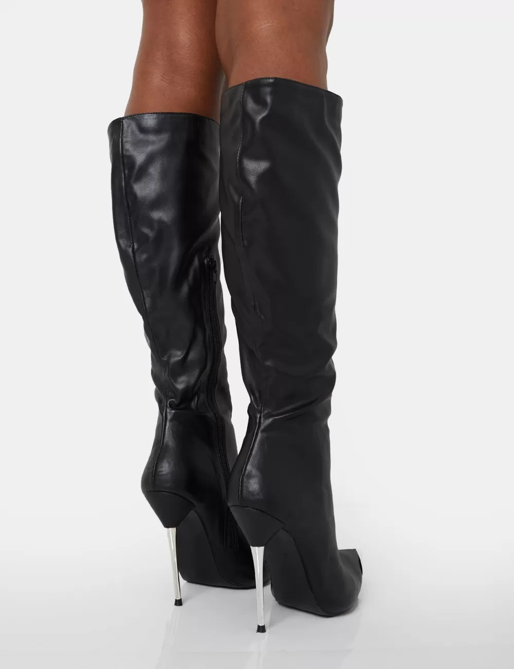 Store Public Desire Finery Pu Metal Toe Capped Zip Up Knee High Stiletto Boots Black