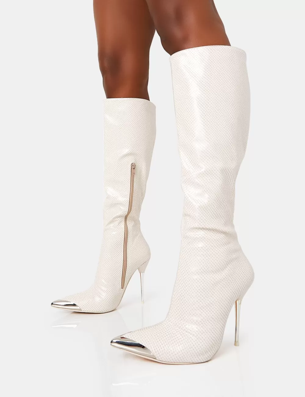 Clearance Public Desire Finery Ecru Croc Metal Toe Capped Zip Up Knee High Stiletto Boots Neutral