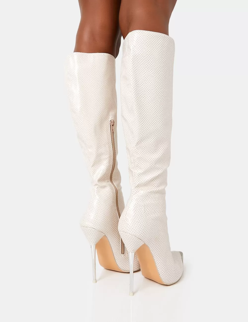 Clearance Public Desire Finery Ecru Croc Metal Toe Capped Zip Up Knee High Stiletto Boots Neutral