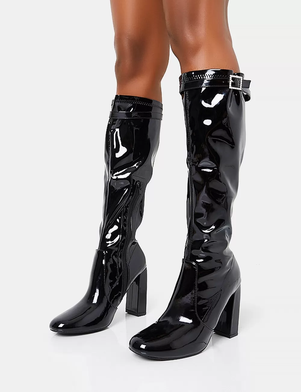 Best Sale Public Desire First Class Buckle Strap Detail Knee High Block Heeled Boots Black