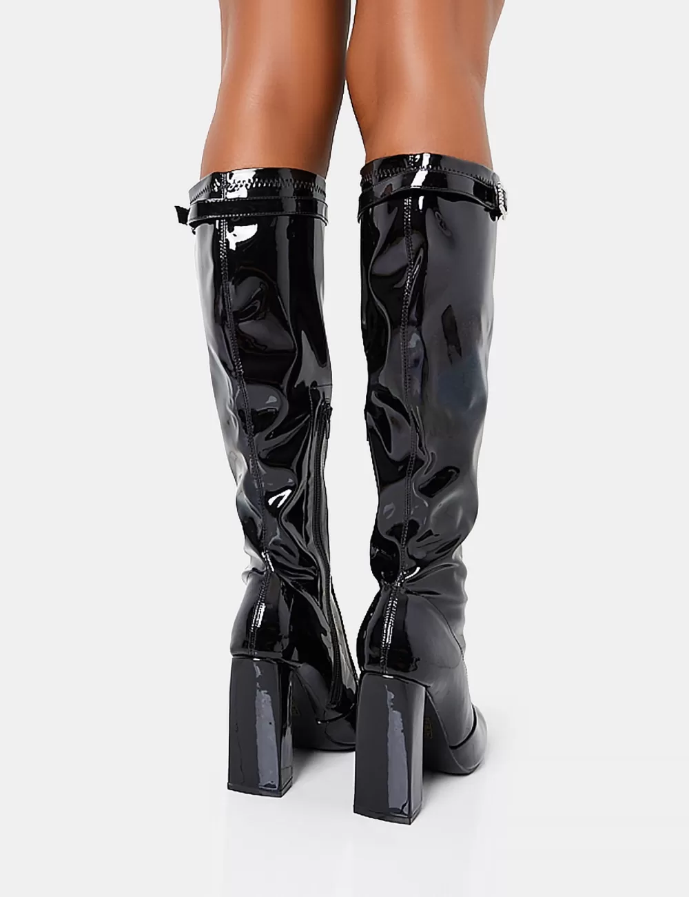Best Sale Public Desire First Class Buckle Strap Detail Knee High Block Heeled Boots Black