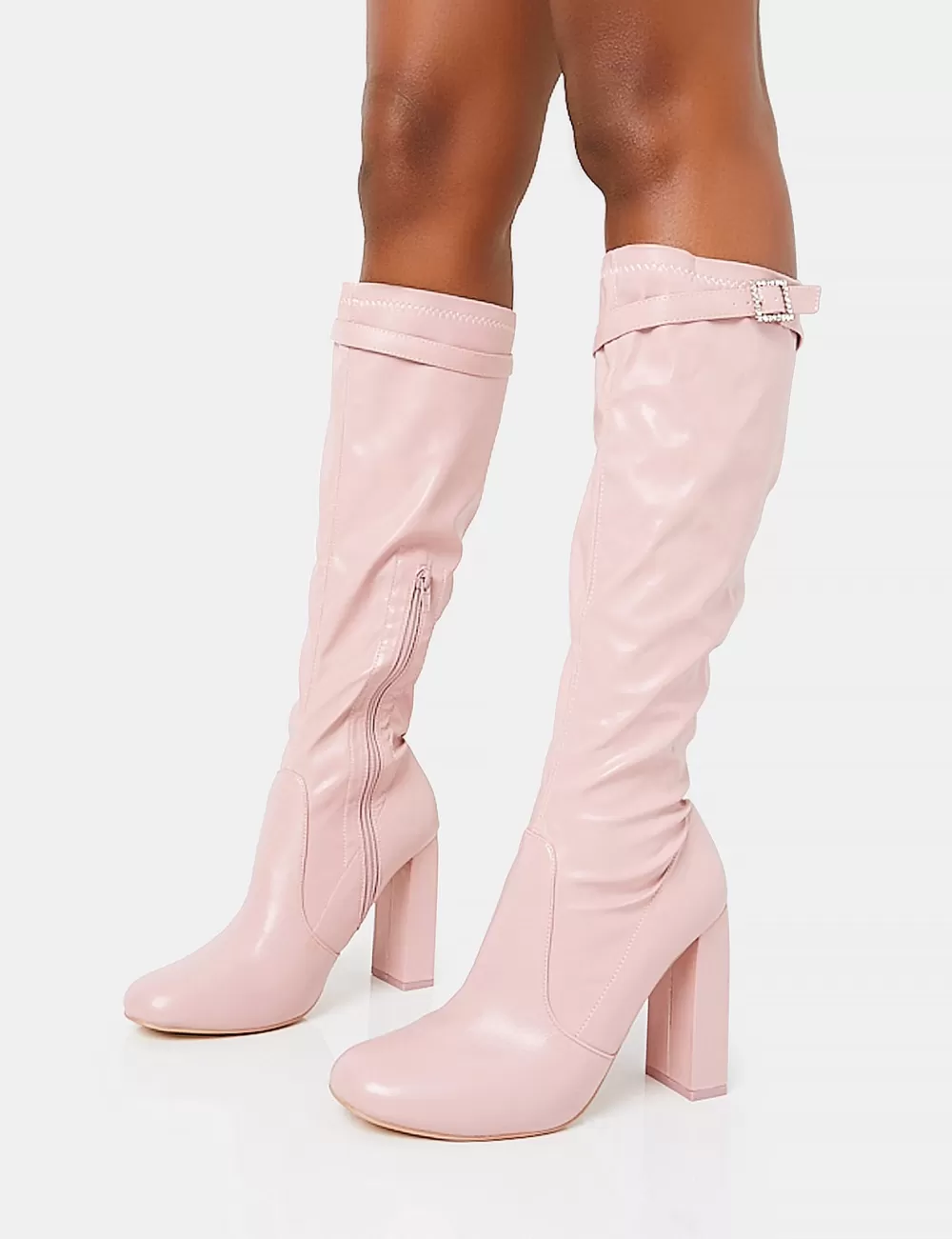Cheap Public Desire First Class Dusty Buckle Strap Knee High Block Heeled Boots Pink