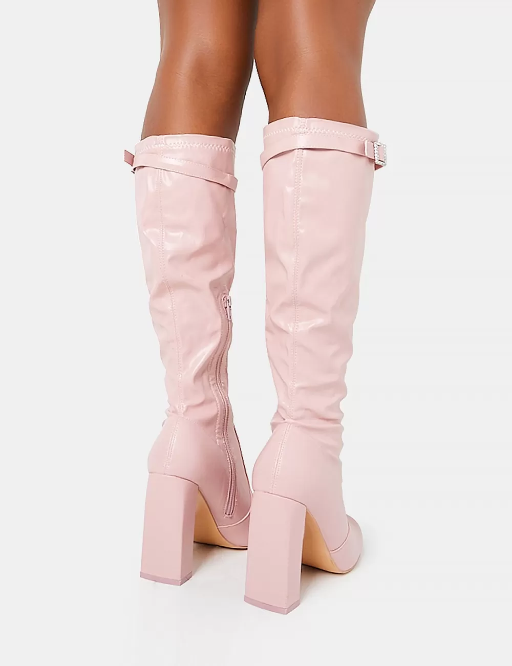 Cheap Public Desire First Class Dusty Buckle Strap Knee High Block Heeled Boots Pink