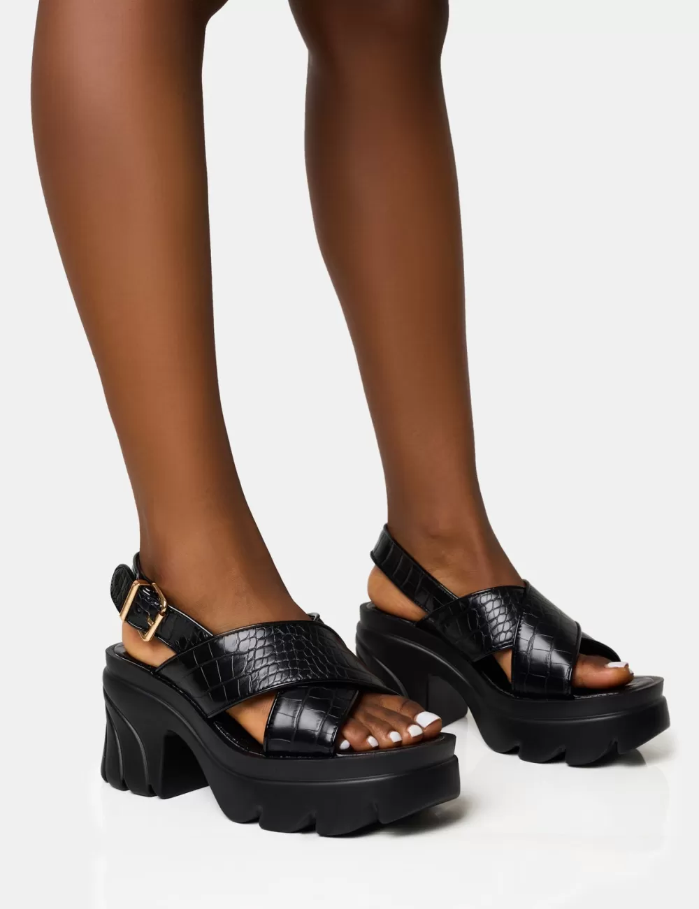 Clearance Public Desire Flare Cross Strap Chunky Mid Heel Sandals Black