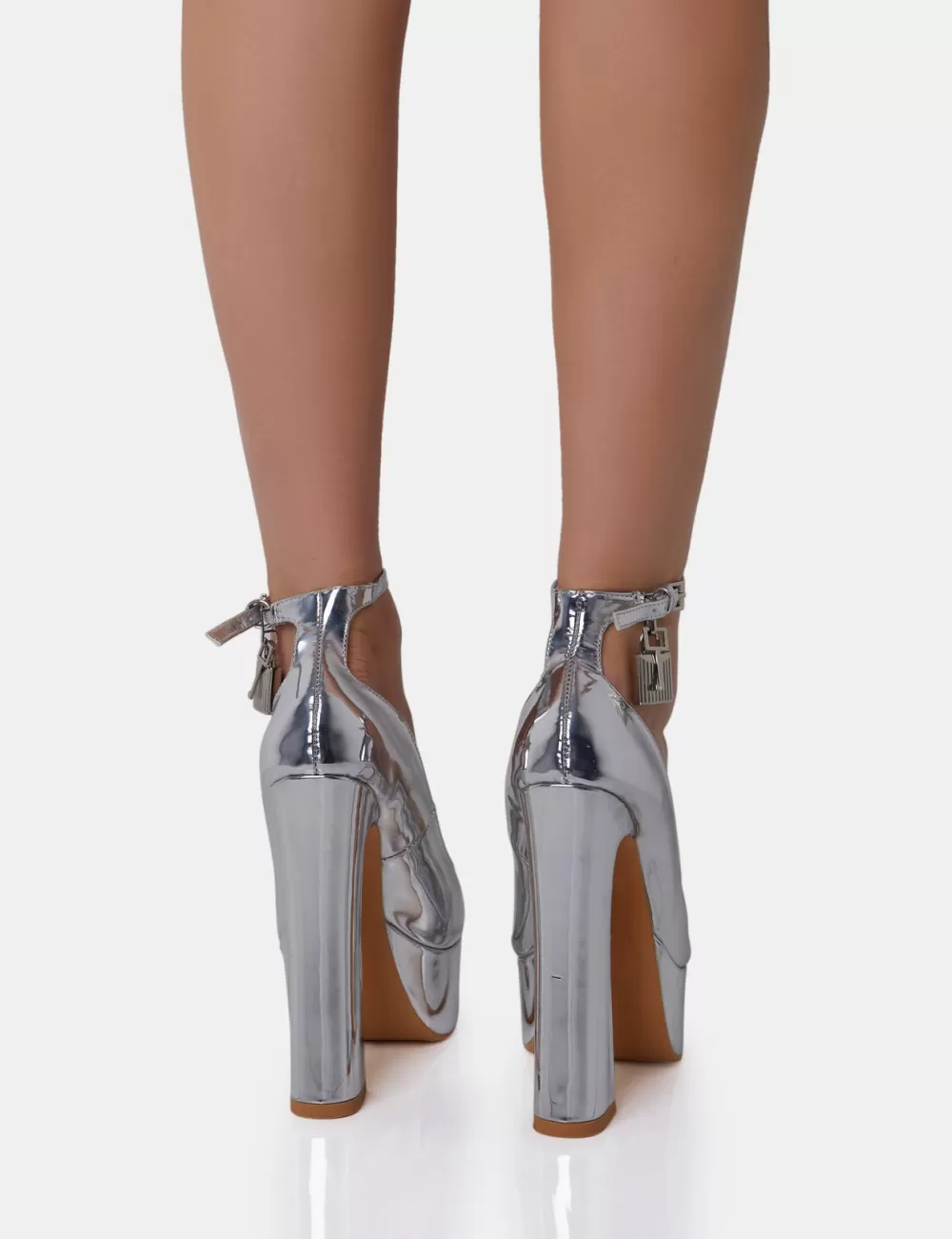 Fashion Public Desire Formation Mirror Padlock Detail Chunky Platform Heels Silver
