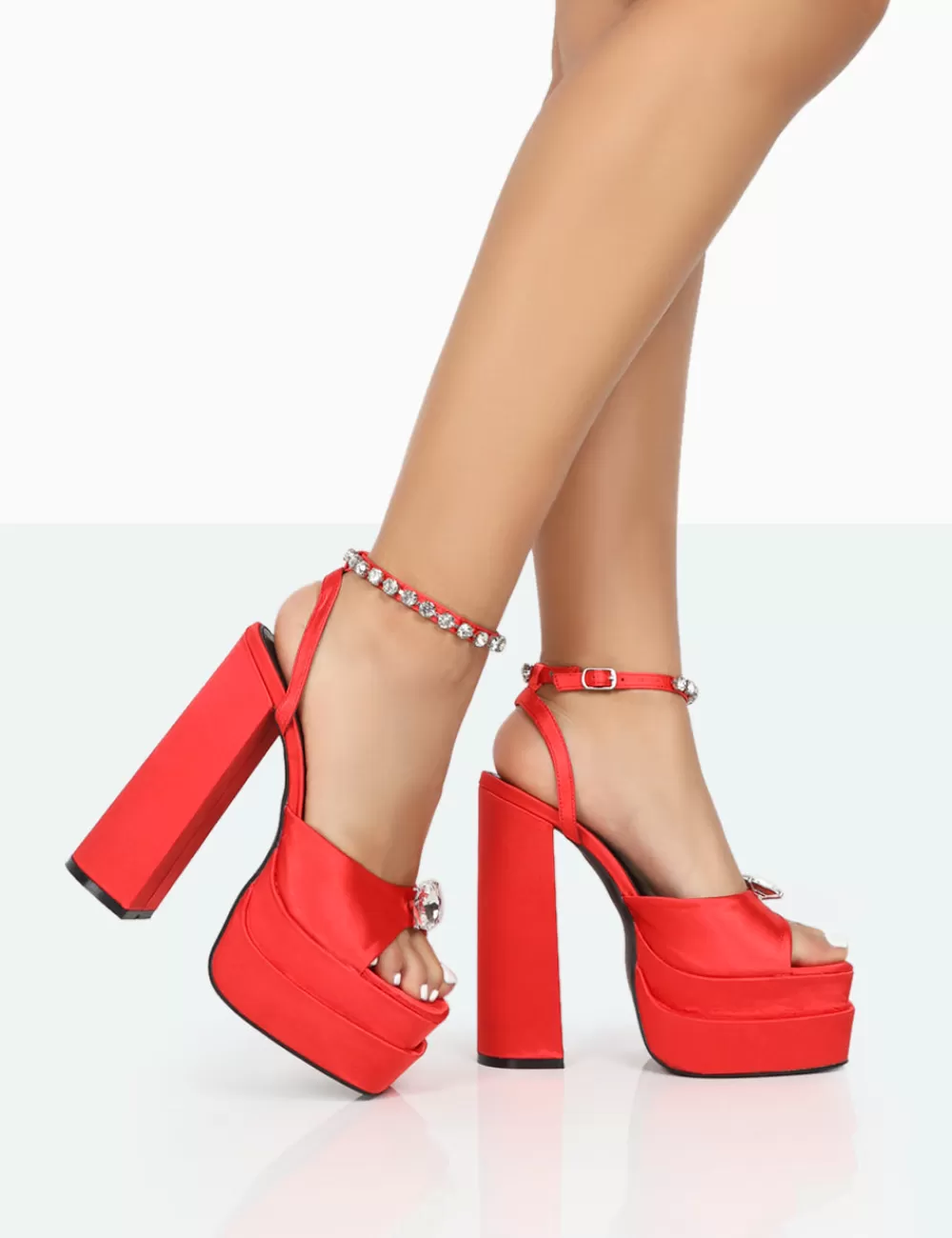 Outlet Public Desire Frozen Satin Sparkly Diamante Strap Open Toe Block Platform Heels Red