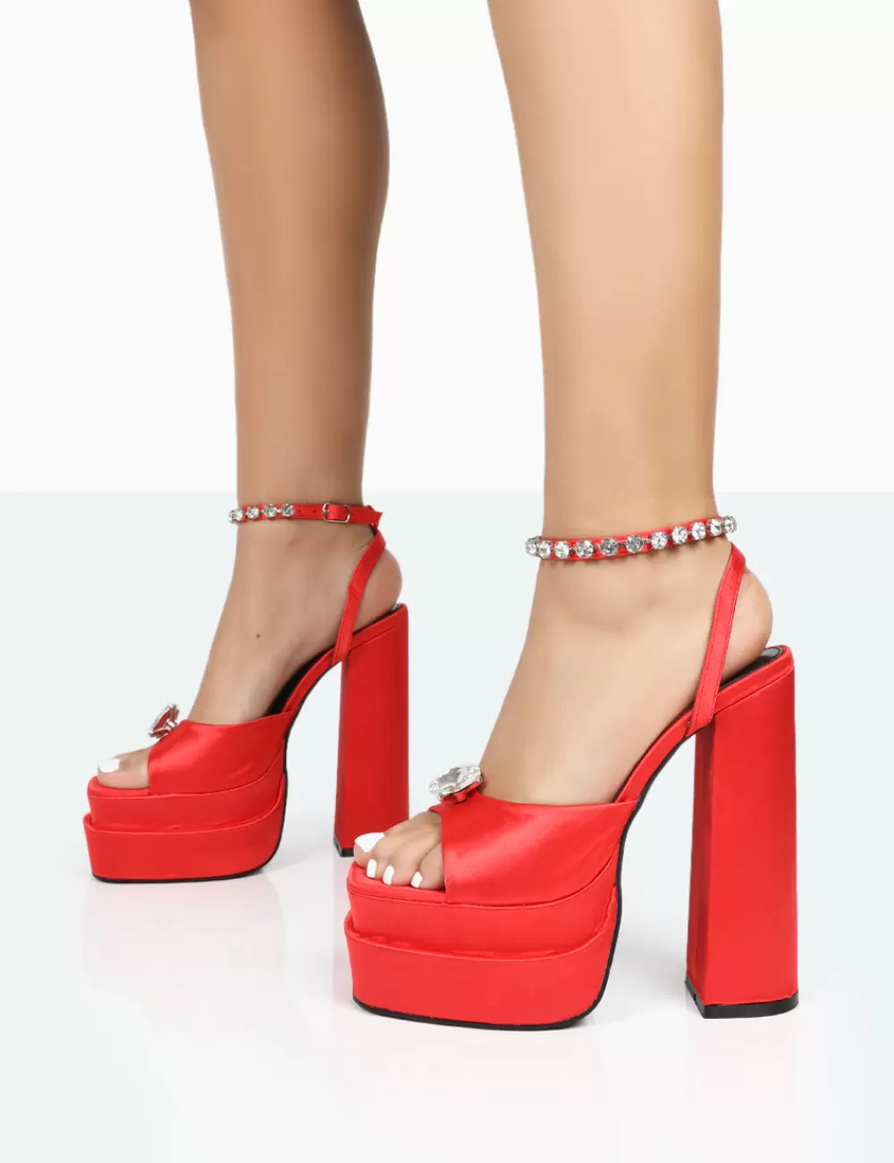 Outlet Public Desire Frozen Satin Sparkly Diamante Strap Open Toe Block Platform Heels Red