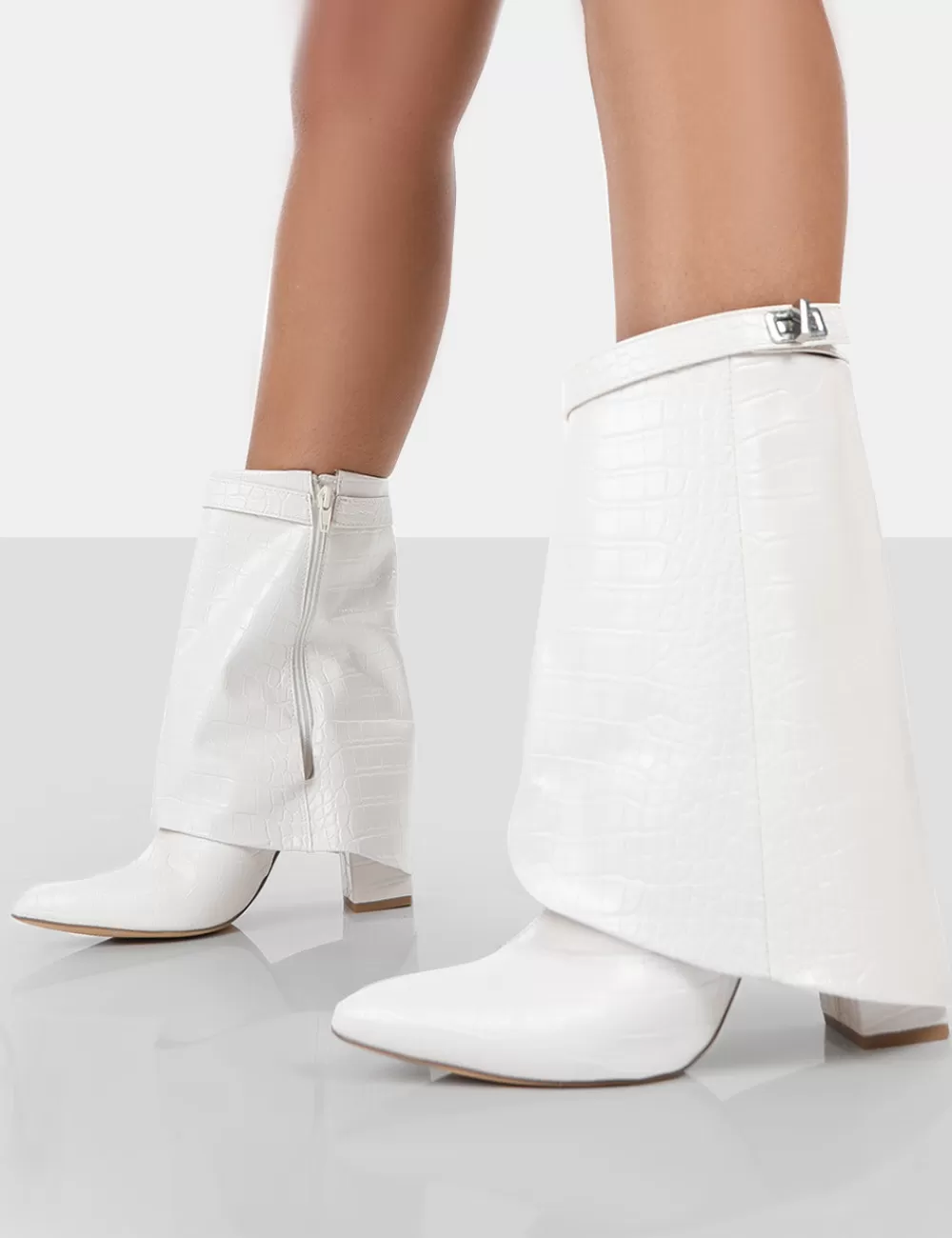 Fashion Public Desire Fyre Croc Pointed Toe Block Heeled Ankle Boots Ecru