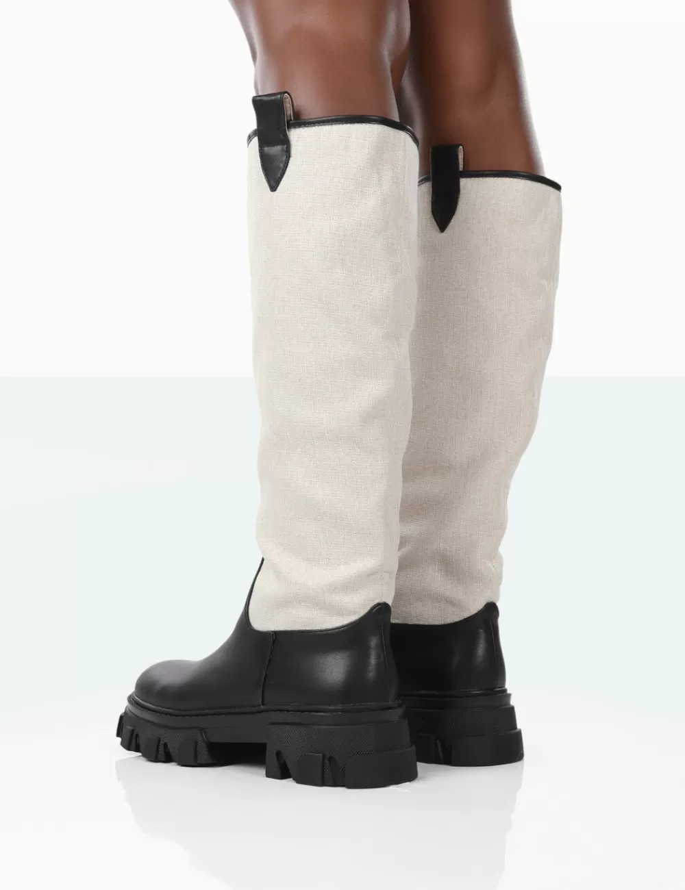 Shop Public Desire Genius PU Knee High Linen Platform Chunky Sole Boots Black