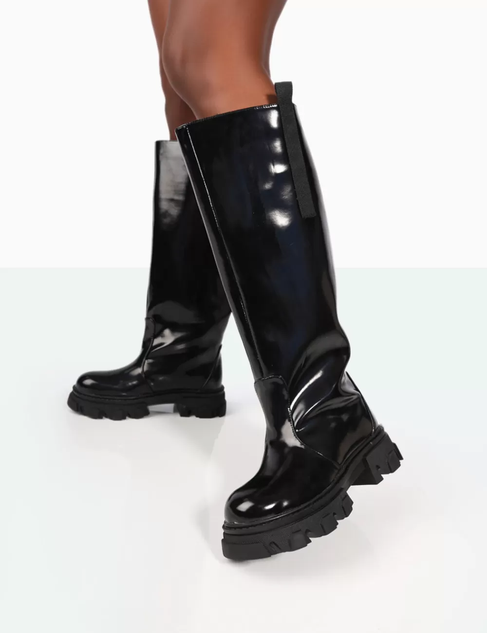 Sale Public Desire Genius Wide Fit Box Patent Knee High Chunky Sole Boots Black