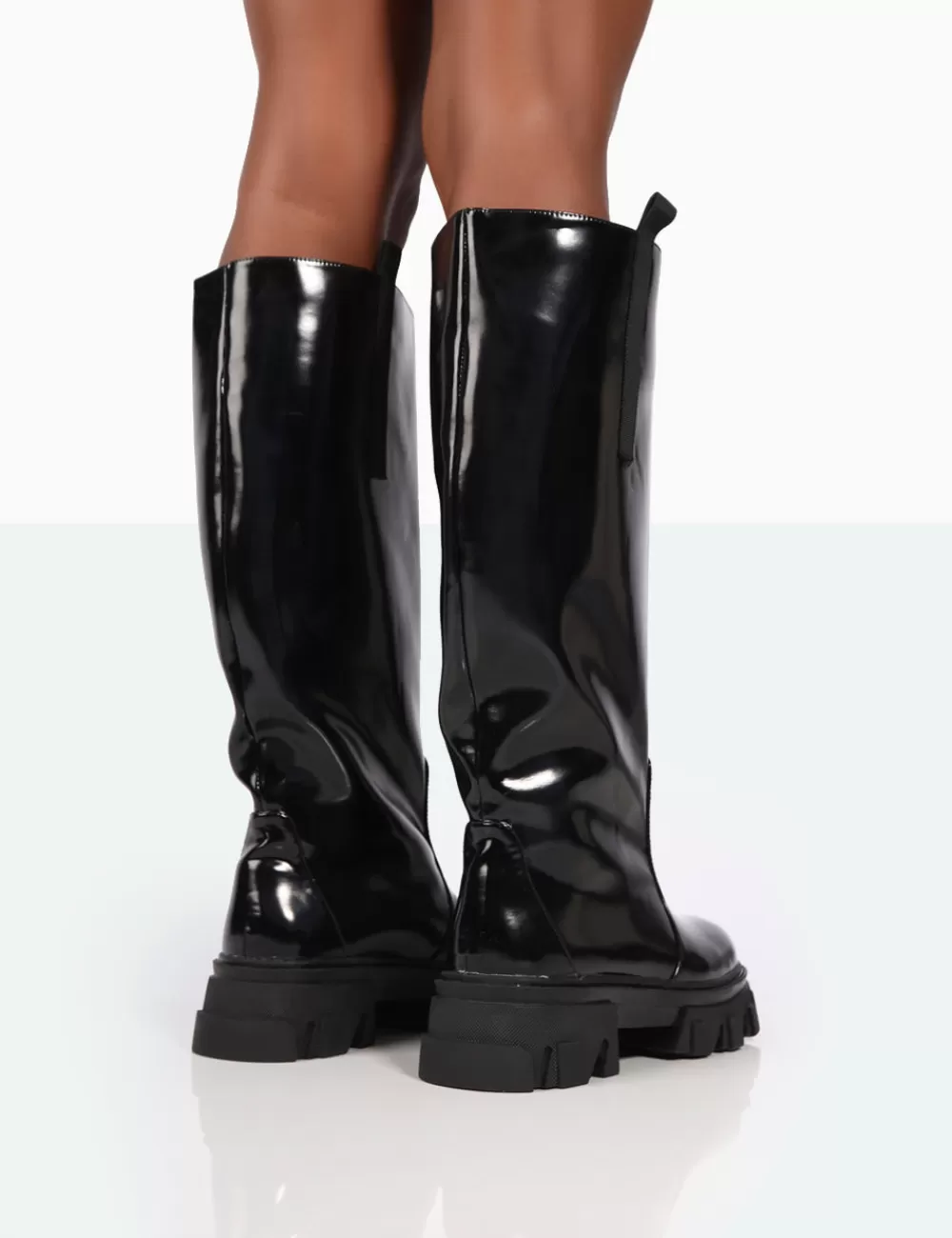 Sale Public Desire Genius Wide Fit Box Patent Knee High Chunky Sole Boots Black