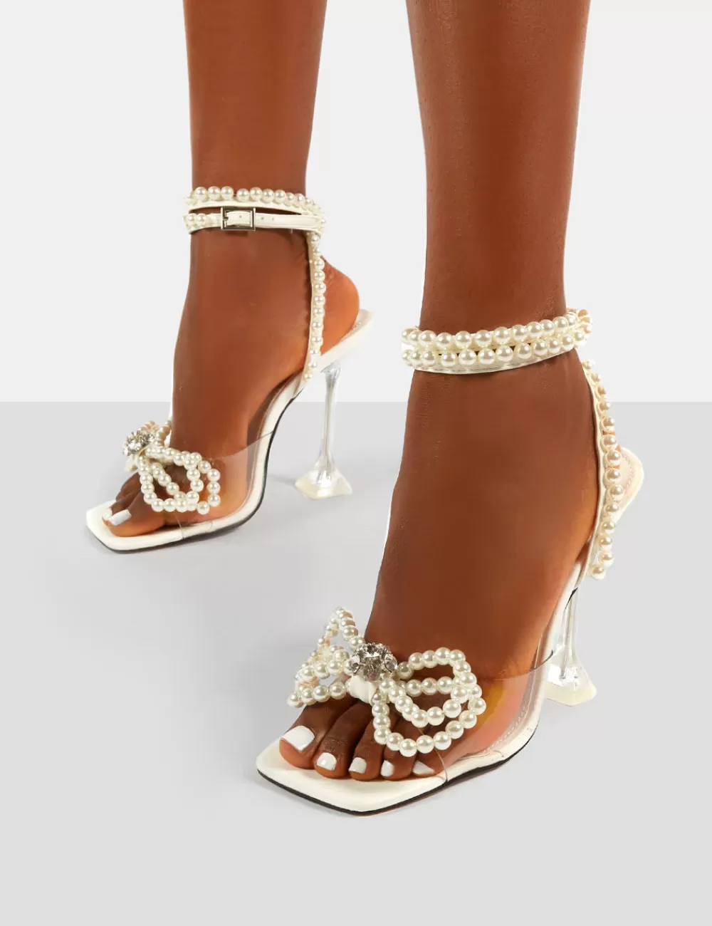 Fashion Public Desire Glimmer Wide Fit Wrap Around Pearl Square Toe Cake Stand Heels White