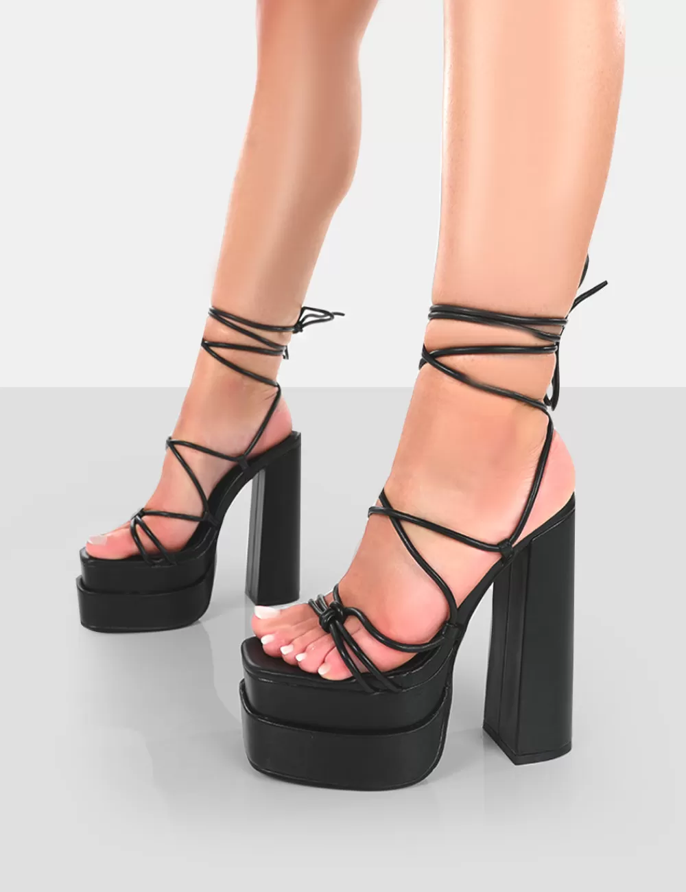 Shop Public Desire Glow Girl PU Lace Up Platform High Heels Black