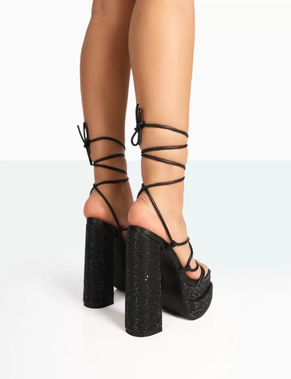 Cheap Public Desire Glow Girl Black Sparkly Diamante Lace Up Platform Block High Heels