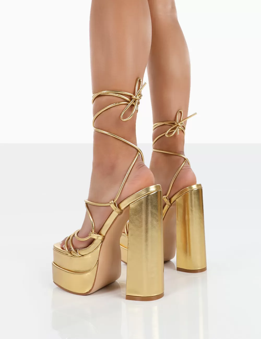 New Public Desire Glow Girl PU Lace Up Platform High Heels Gold