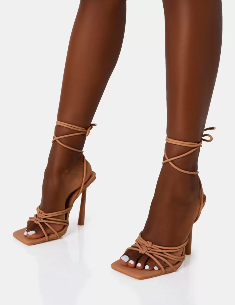 Outlet Public Desire Glow Up Wide Fit Nude PU Knotted Strappy Lace Up Square Stiletto Heels Neutral