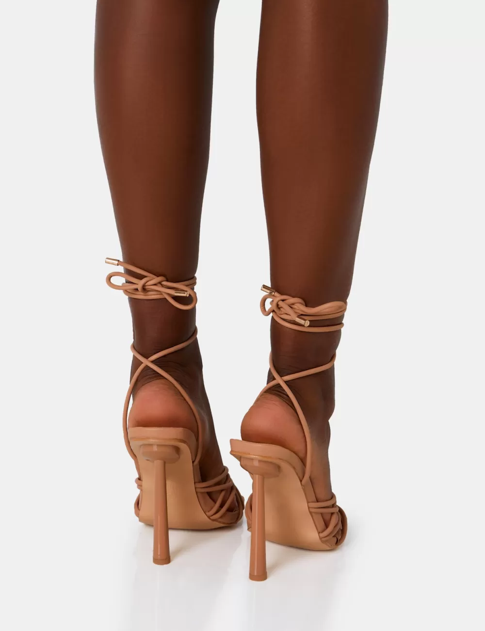 Outlet Public Desire Glow Up Wide Fit Nude PU Knotted Strappy Lace Up Square Stiletto Heels Neutral