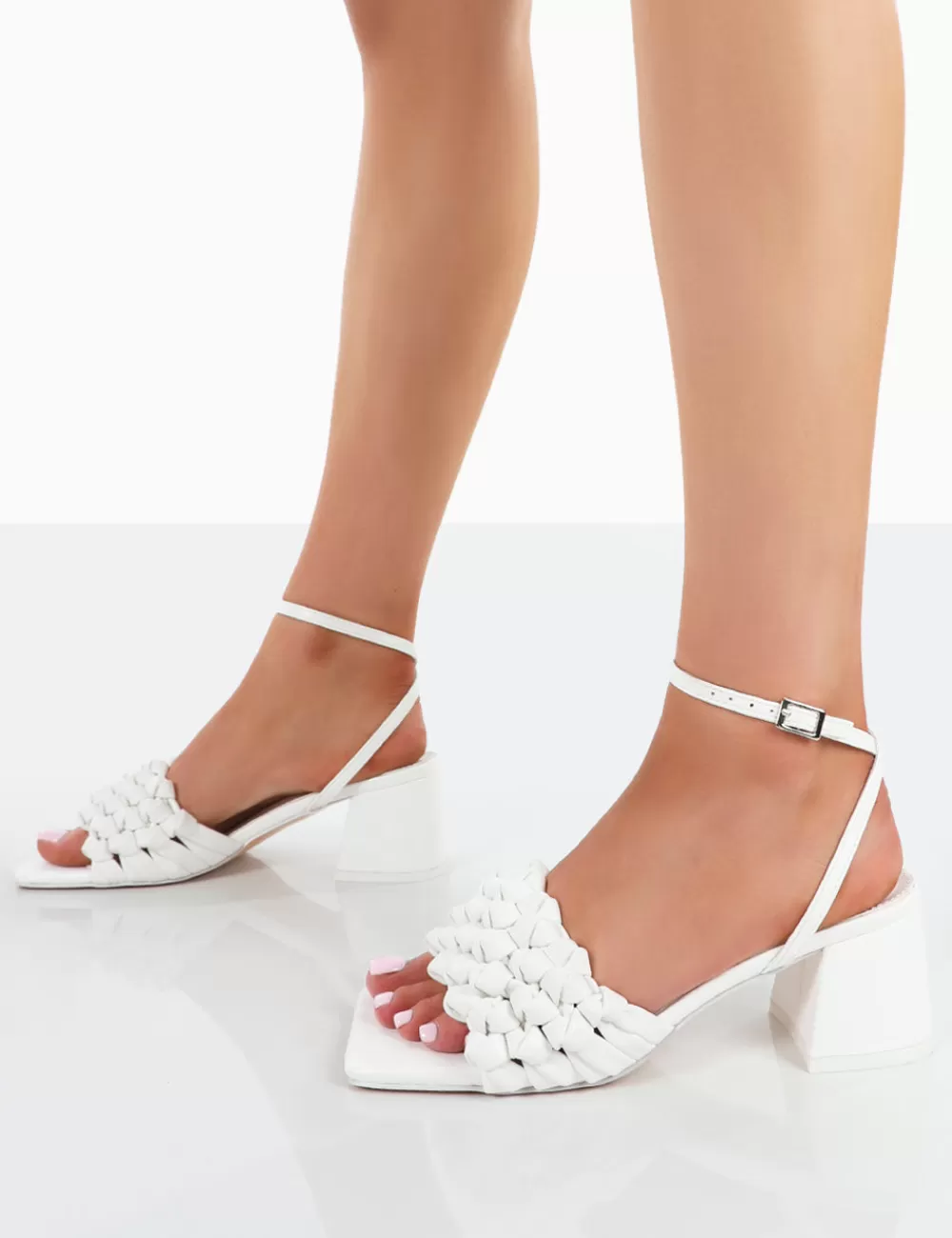 Online Public Desire Got This Pu Woven Square Toe Block Mid Heeled Mule Sandals White