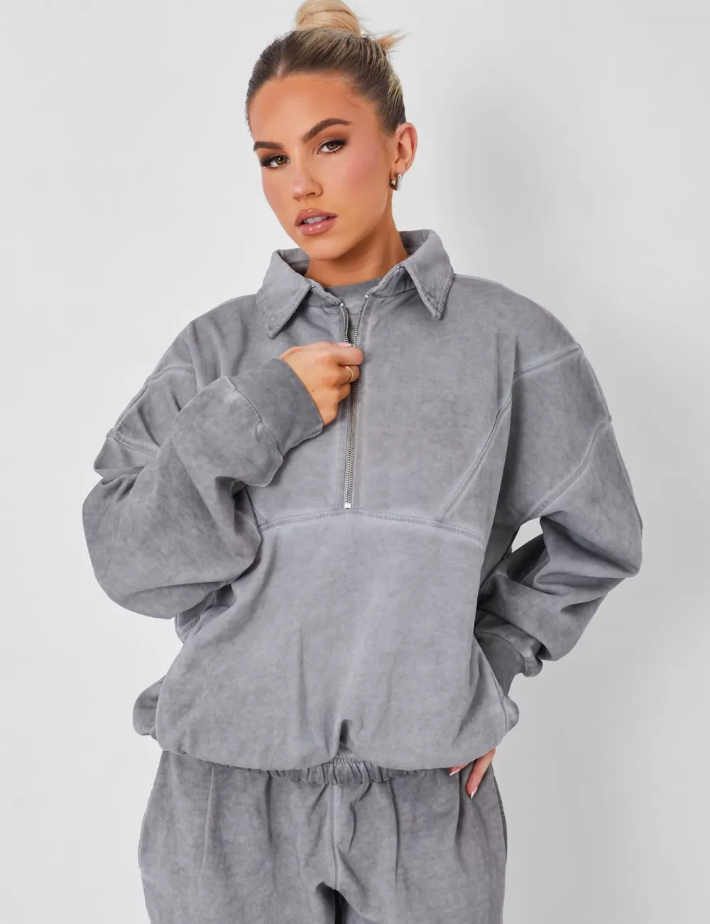 Best Public Desire Half Zip Oversized Sweatshirt Co-ord Washed Grey