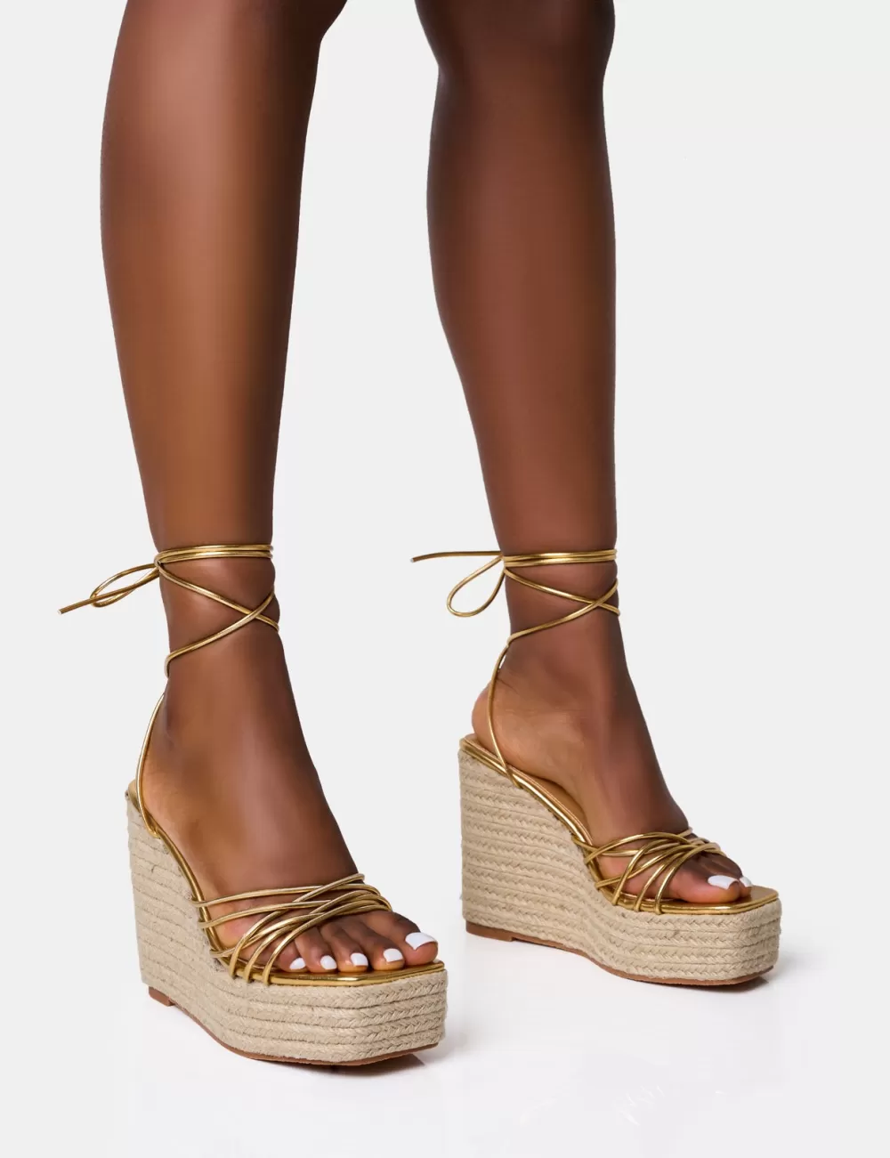 Best Public Desire Heated Strappy Lace Up Jute Wedges Gold