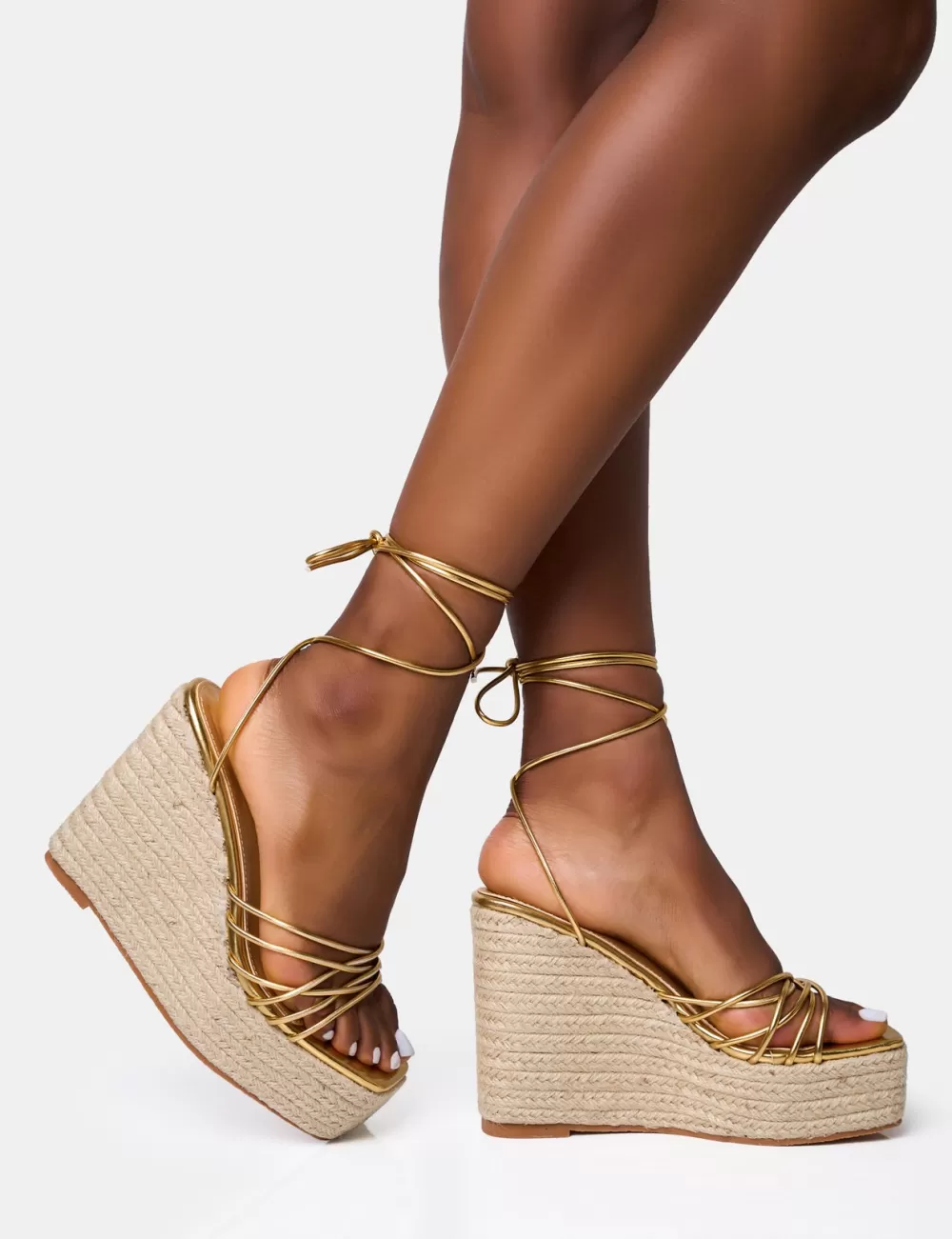 Best Public Desire Heated Strappy Lace Up Jute Wedges Gold