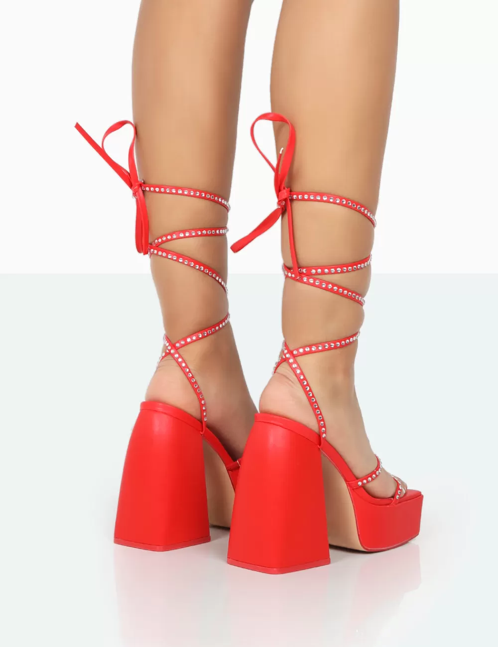 Online Public Desire Helena Grain Pu Sparkly Diamante Chunky Platform Heel Block Heels Red