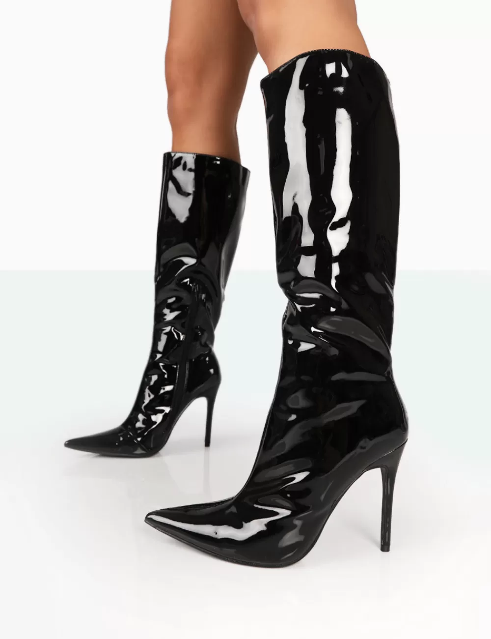 Discount Public Desire Horizon Patent Stiletto Knee High Pointed Heeled Boots Black