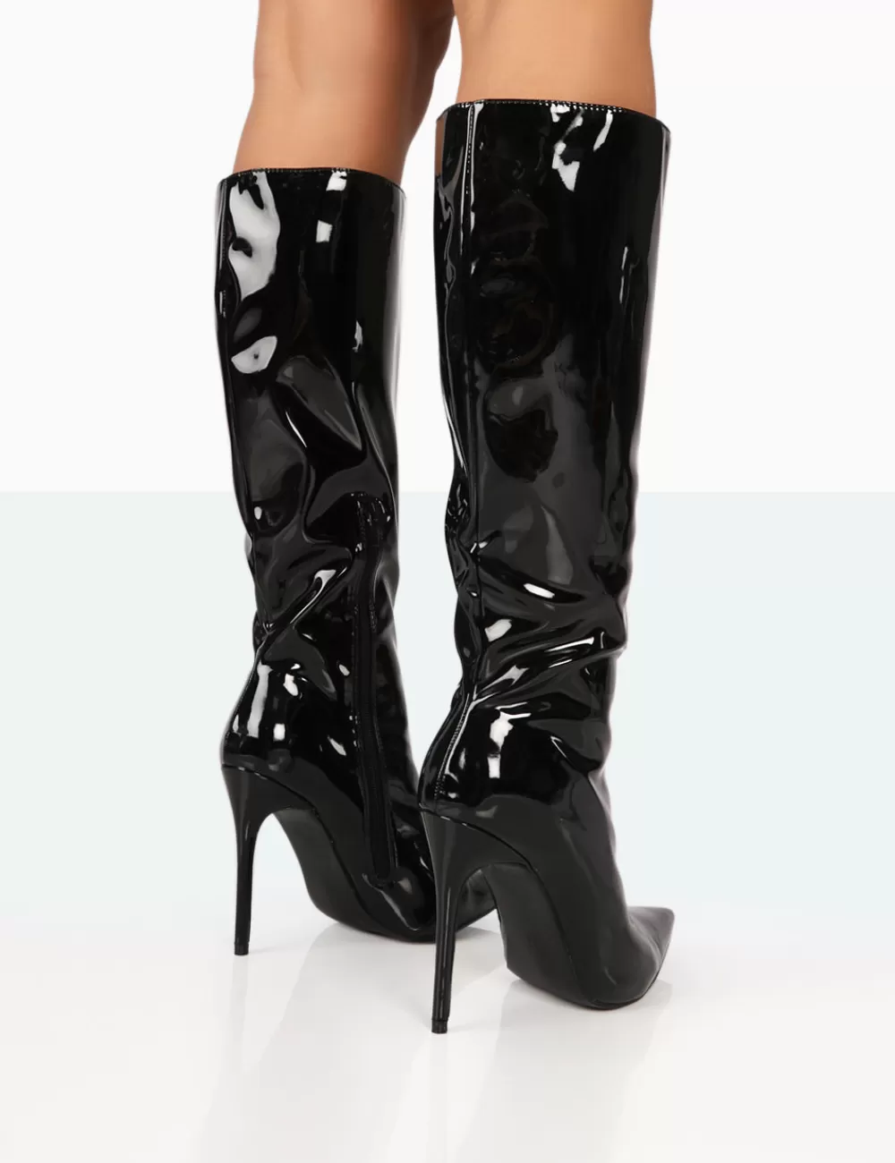 Discount Public Desire Horizon Patent Stiletto Knee High Pointed Heeled Boots Black